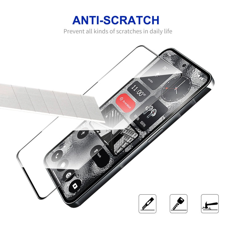 Tempered glass screen protector film shown being applied to a smartphone screen.
