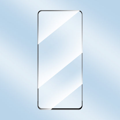 Clear tempered glass screen protector film, rounded edges for smartphone display.