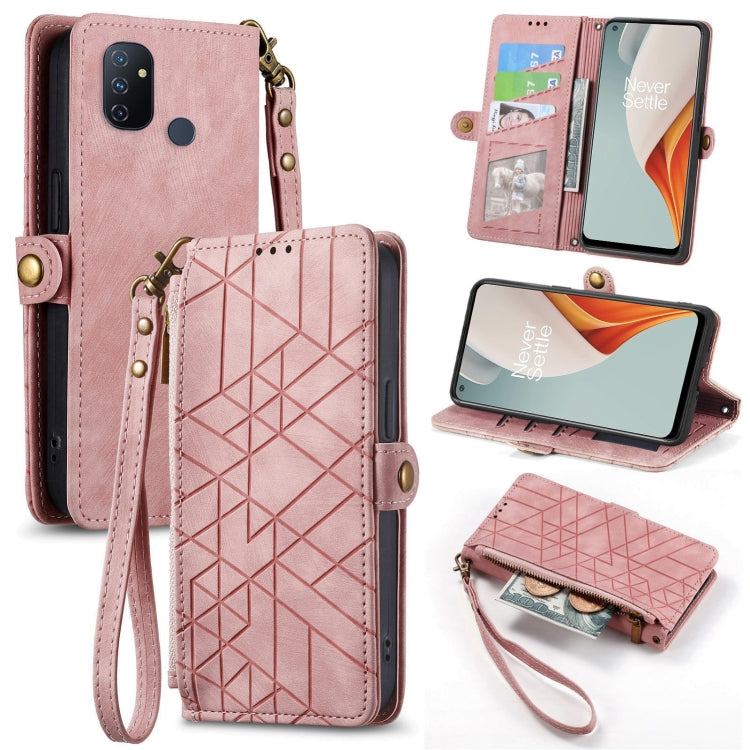 Pink geometric embossed leather wallet folio phone case with zipper pocket, wrist strap