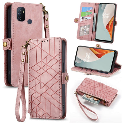 Pink geometric embossed leather wallet folio phone case with zipper pocket, wrist strap