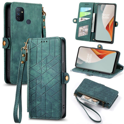 Green geometric embossed leather wallet folio phone case with zipper pocket, wrist strap