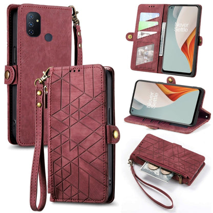 Red geometric embossed leather wallet folio phone case with zipper pocket, wrist strap