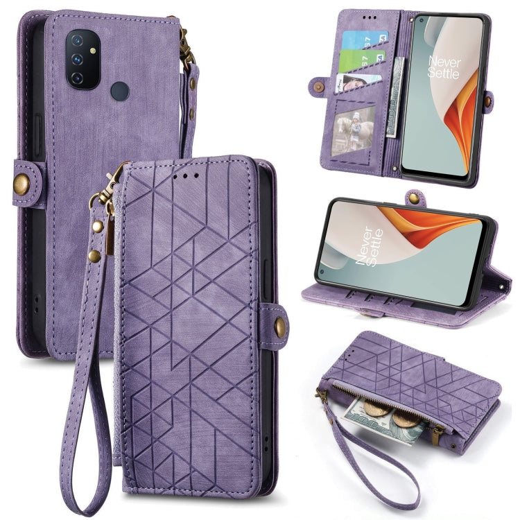 Purple leather phone case wallet with geometric emboss, zipper, side buckle, wrist strap