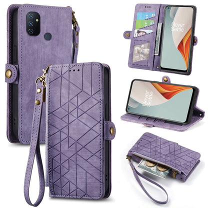 Purple leather phone case wallet with geometric emboss, zipper, side buckle, wrist strap
