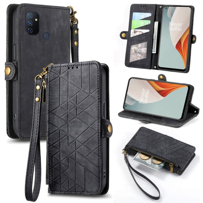 Dark leather phone case wallet with geometric emboss, zipper, side buckle, wrist strap