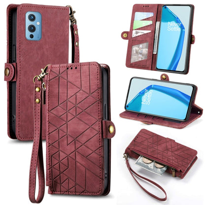 Red geometric embossed leather phone case with zipper wallet, wrist strap, card slots