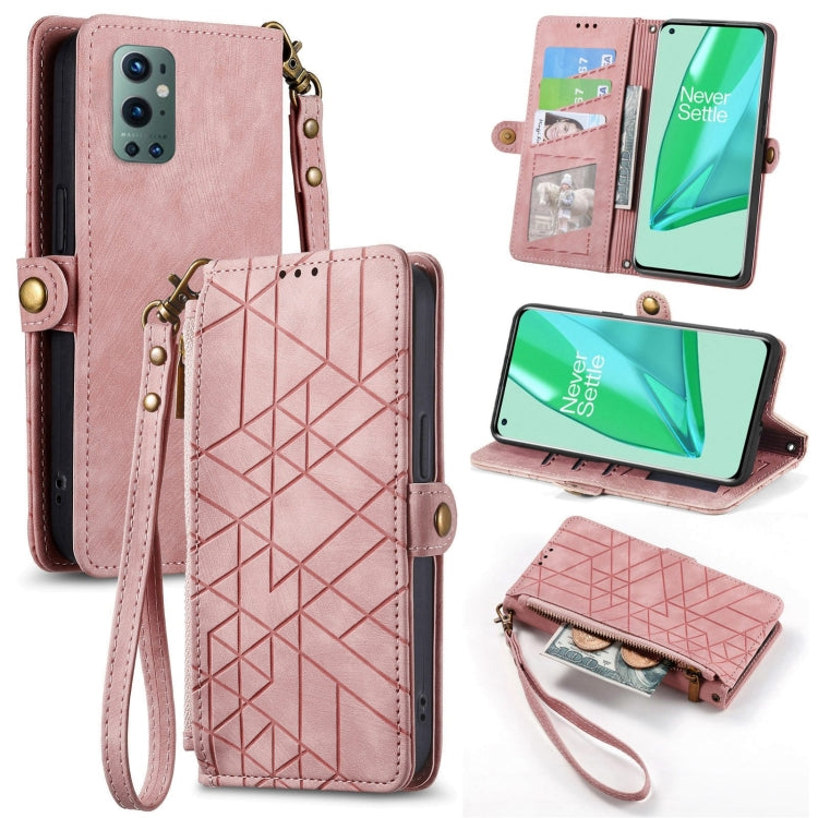 Pink leather phone case wallet with geometric pattern, zipper pouch, card slots, wrist strap