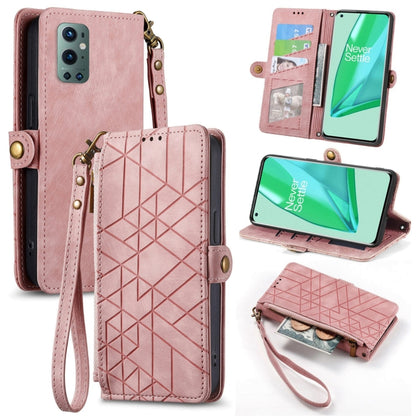 Pink leather phone case wallet with geometric pattern, zipper pouch, card slots, wrist strap