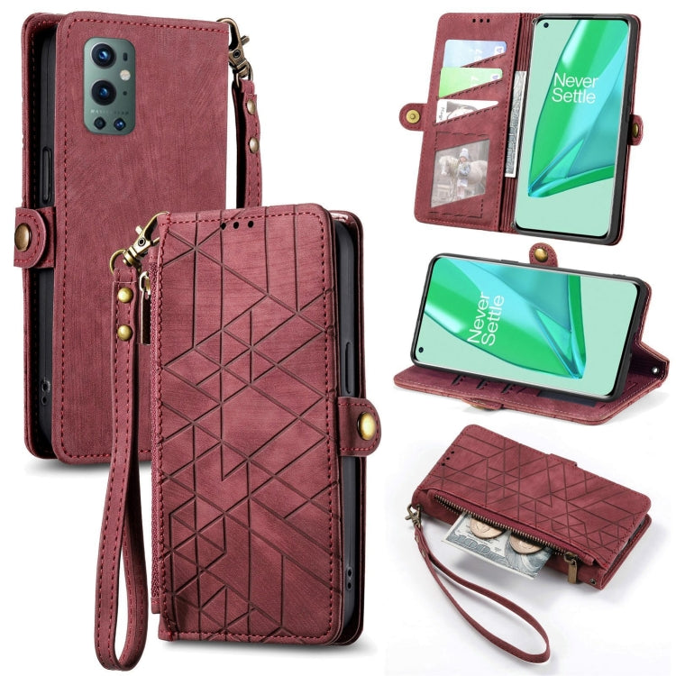 Wine red leather phone case wallet with geometric pattern, zipper pouch, card slots, wrist strap