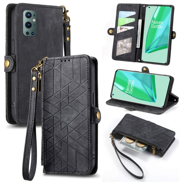 Black geometric embossed leather phone case with zipper wallet, wrist strap, card slots