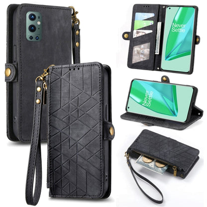 Black geometric embossed leather phone case with zipper wallet, wrist strap, card slots
