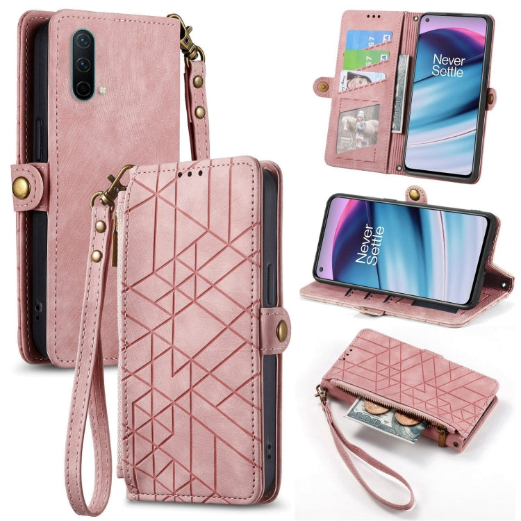 Pink leather phone wallet case with geometric pattern, wrist strap, side buckle, and zipper