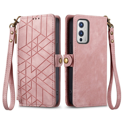 Pink leather zipper wallet phone case with geometric embossed front, card slots, wrist strap