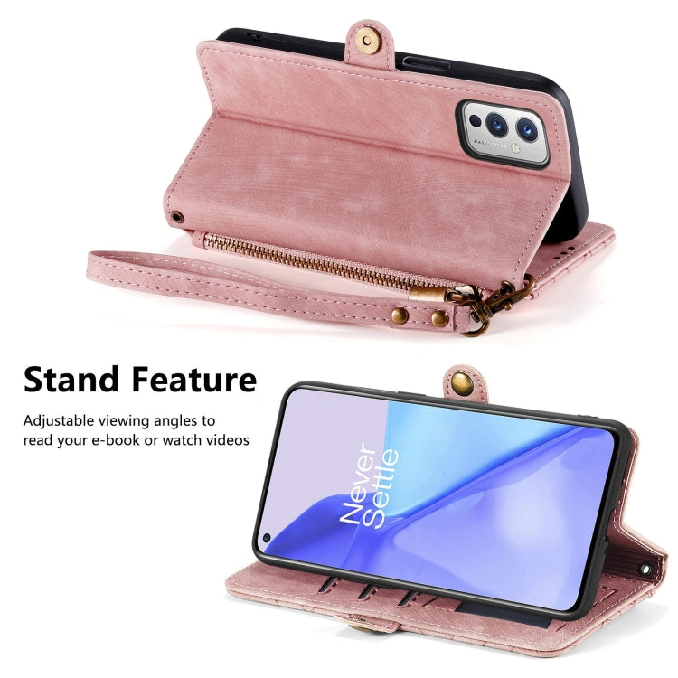 Pink leather zipper wallet phone case with wrist strap and built-in stand position