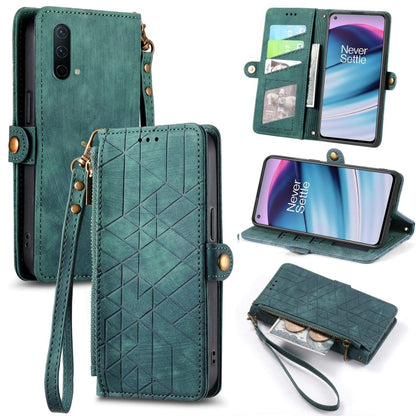 Green leather phone wallet case with geometric embossed front, wrist strap, side buckle, zipper