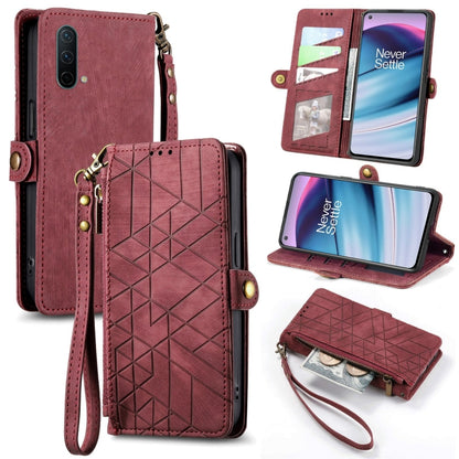 Burgundy leather phone wallet case with geometric embossed front, wrist strap, side buckle, zipper