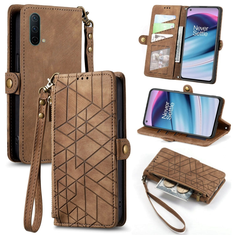 Brown leather phone wallet case with geometric embossed front, wrist strap, side buckle, zipper