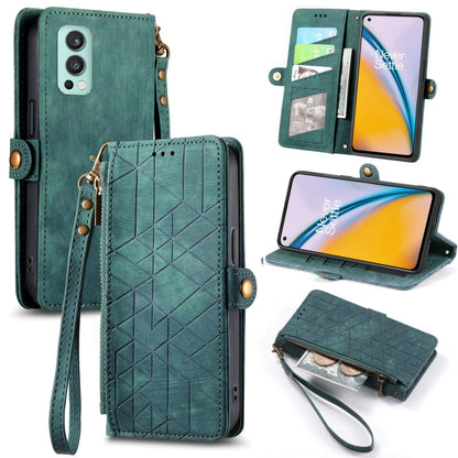 Green leather phone case wallet with geometric pattern, zipper pouch, card slots, wrist strap