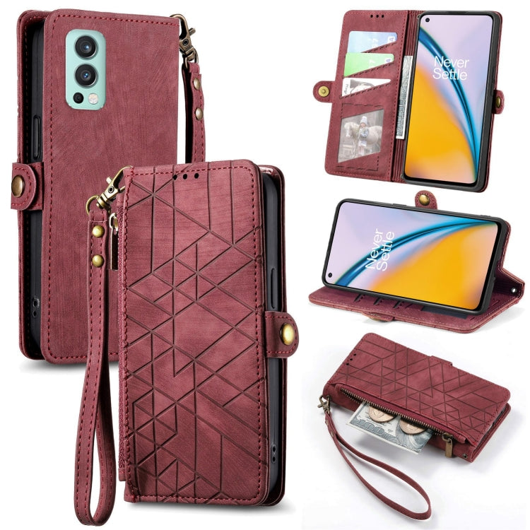 Burgundy leather phone case wallet with geometric pattern, zipper pouch, card slots, wrist strap