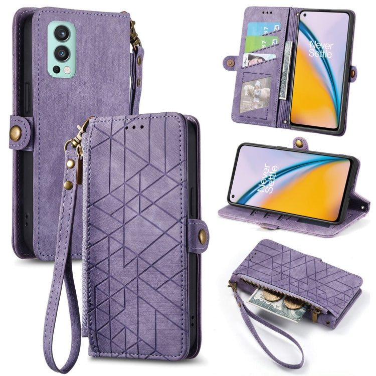 Purple leather phone case wallet with geometric pattern, zipper pouch, card slots, wrist strap