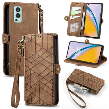 Brown leather phone case wallet with geometric pattern, zipper pouch, card slots, wrist strap