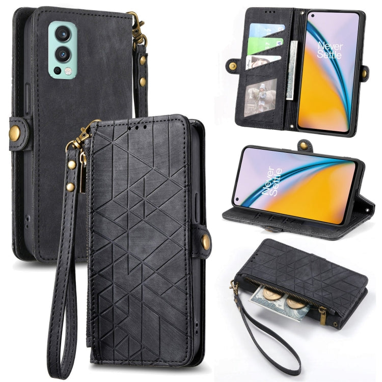Black leather phone case wallet with geometric pattern, zipper pouch, card slots, wrist strap