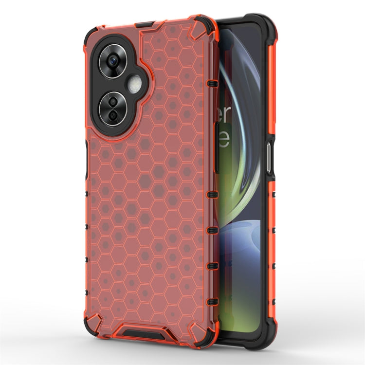 Shockproof honeycomb phone case in red with raised corner protection and cutouts