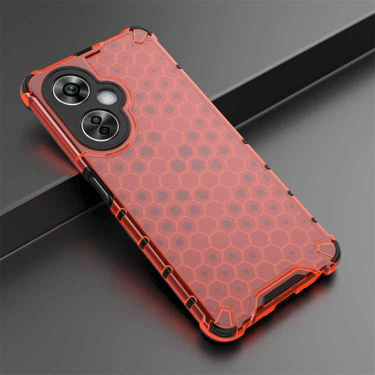 Red honeycomb shockproof phone case with dual-layer bumper edges and camera openings
