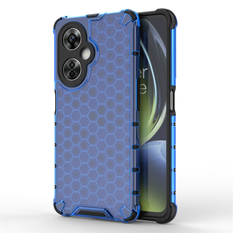 Blue honeycomb shockproof phone case with raised bumper edges and camera openings