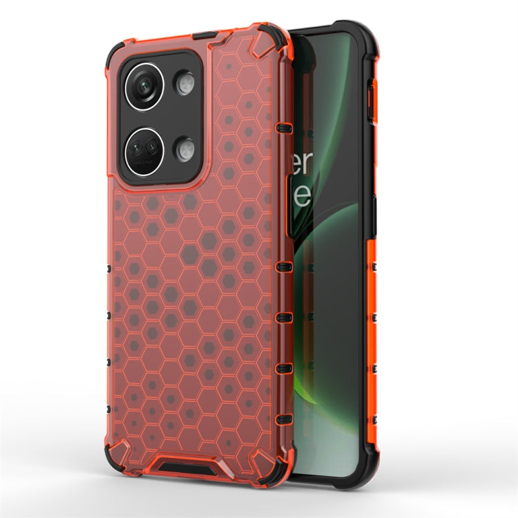 Shockproof honeycomb phone case with orange trim, red back and camera cutouts