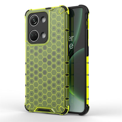 Shockproof honeycomb phone case with yellow trim, lime green back and camera cutouts