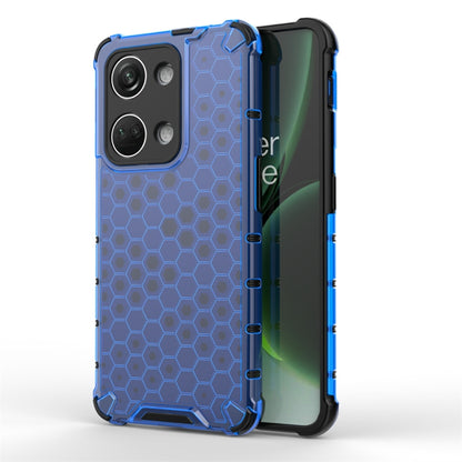 Shockproof honeycomb phone case with blue trim, blue back and camera cutouts