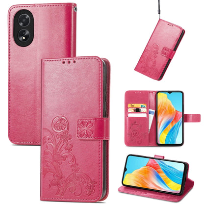 Rose red leather folio phone case with embossed floral buckle clasp, card slots, stand cover