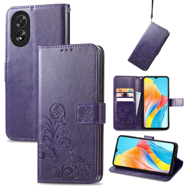 Purple leather phone case with embossed floral panel, card slots, buckle strap, stand cover
