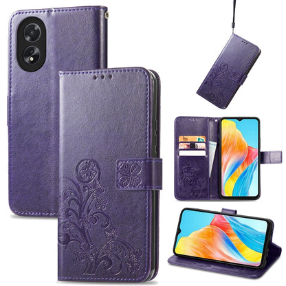 Purple leather phone case with embossed floral panel, card slots, buckle strap, stand cover