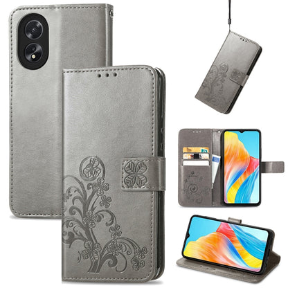 Grey leather phone case with embossed floral design and clasp, flip wallet with card slots