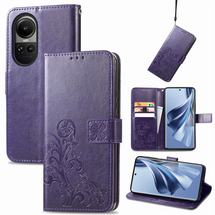 Purple leather phone case with embossed floral design and clasp, flip wallet with card slots
