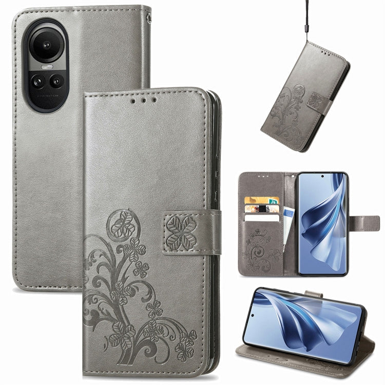 Grey leather phone case with embossed floral design and clasp, flip wallet with card slots