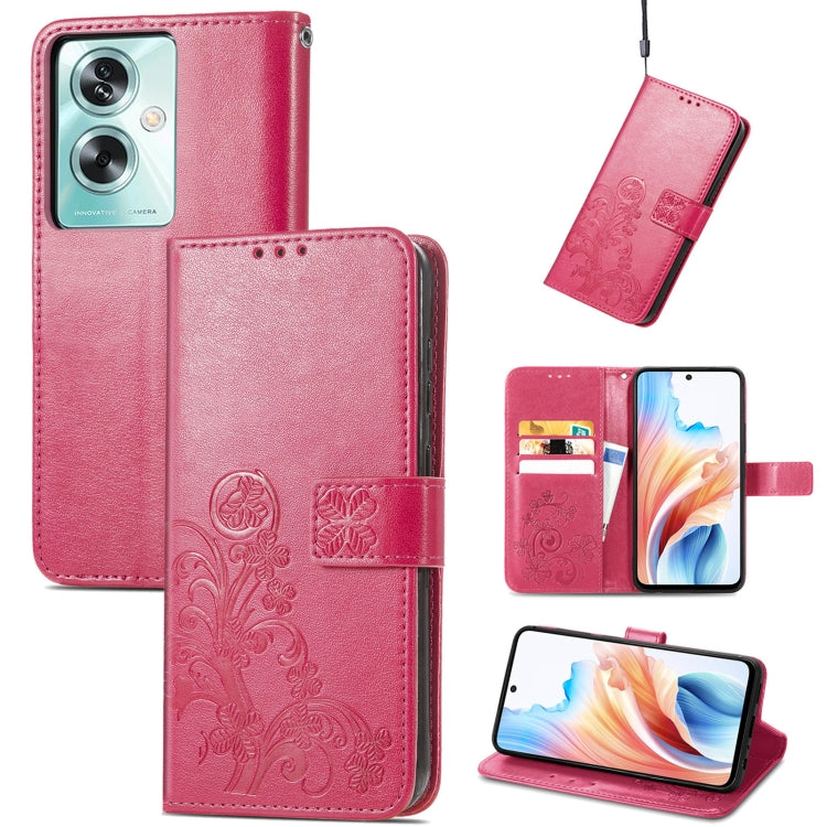 Rose red leather phone case with embossed floral clasp, buckle strap, card slots, stand cover
