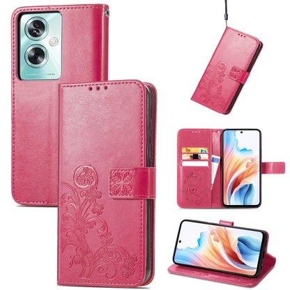 Rose red leather phone case with embossed floral clasp, buckle strap, card slots, stand cover