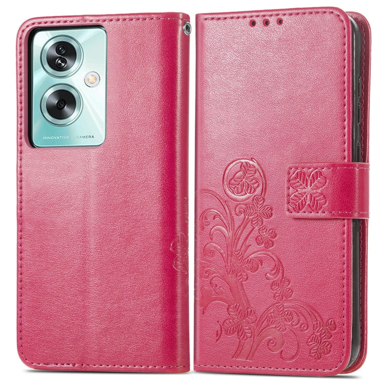 Rose red leather folio phone case, embossed flower pattern, side buckle strap, cutout ports