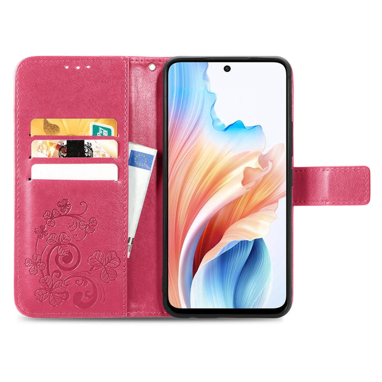 Rose red folio leather phone case with card slots and embossed floral panel, wallet-style cover