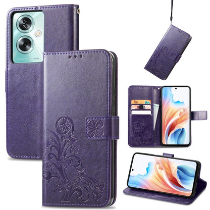 Purple leather phone case with embossed floral buckle strap, card holder slots, stand cover