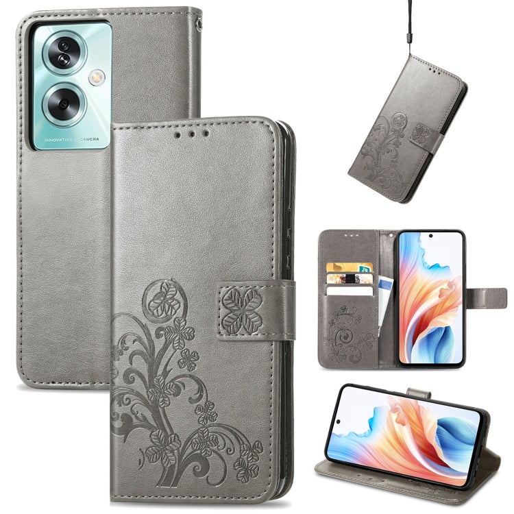 Grey leather folio phone case with embossed floral buckle strap and card slots, wallet cover