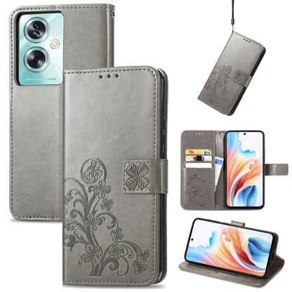 Grey leather folio phone case with embossed floral buckle strap and card slots, wallet cover