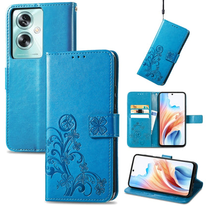 Blue leather folio phone case with embossed floral clasp, buckle strap, card slots, stand