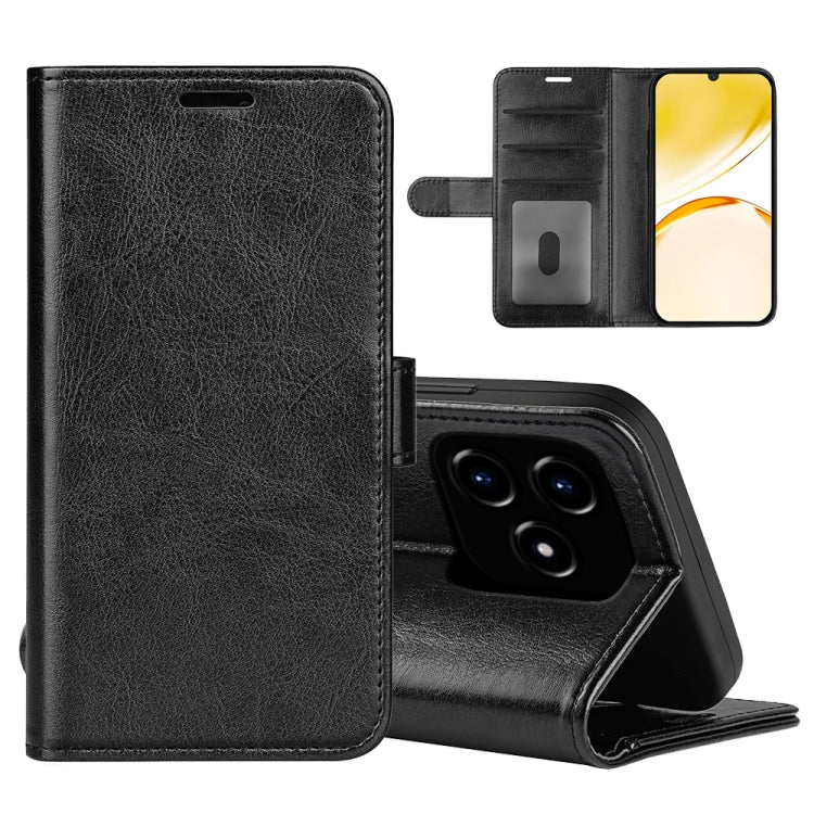 Black leather flip phone case with textured finish, card slot, and camera cutout.