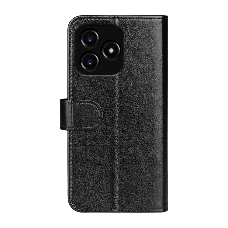 Black leather flip phone case with textured finish and camera cutout on back.