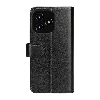 Black leather flip phone case with textured finish and camera cutout on back.