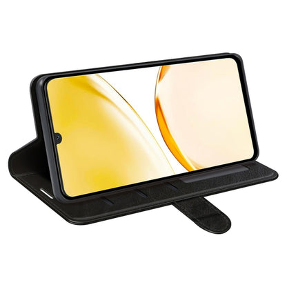 Black leather flip phone case with textured finish, standing viewing angle and strap.